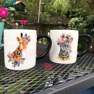 Pair of Ganz Whimsical Giraffe & Zebra Coffee Mugs